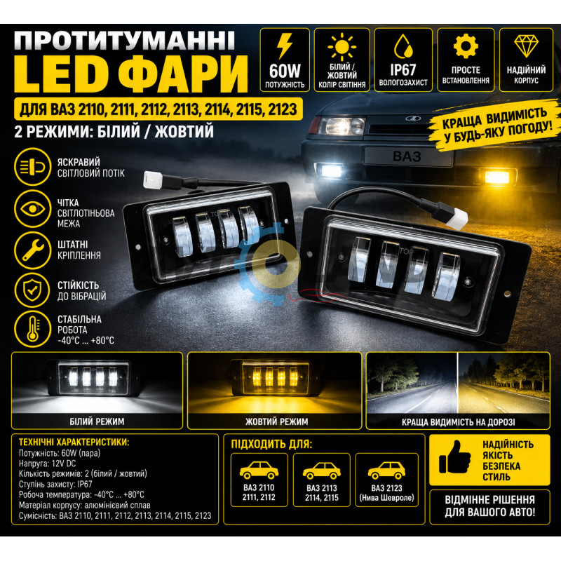 Противотуманные Led фары ВАЗ 2110,2111,2112,2113,2114,2115,2123,2 режима белый/желтый(60ват) купить недорого