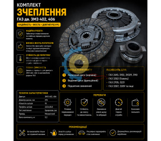 Комплект сцепления ГАЗ дв. ЗМЗ 402, 406 (диск нажимной, ведомый, подшипник)