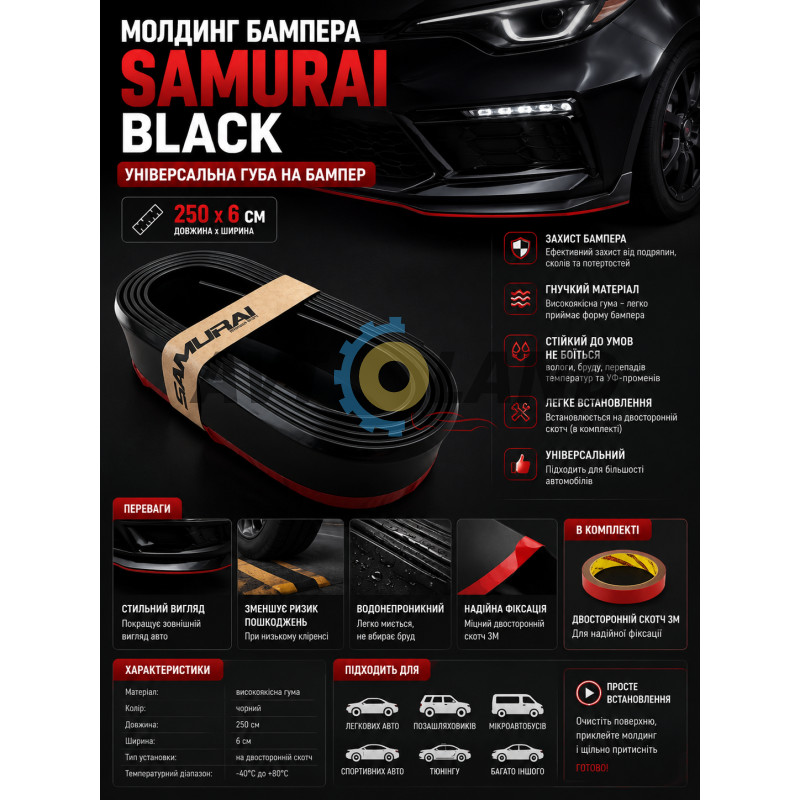 Молдинг бампера (250х6 см) SAMURAI BLACK / Универсальная резиновая губа на бампер, Черная купить недорого