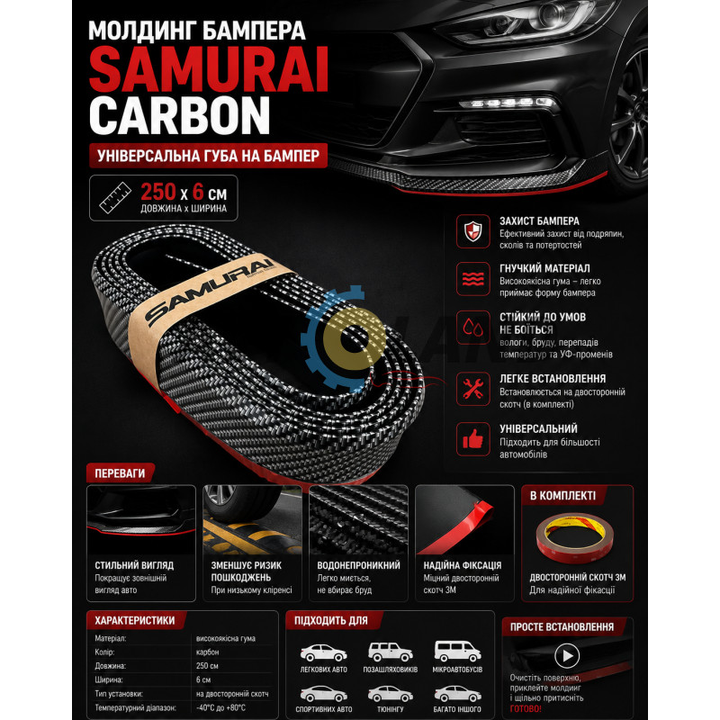 Молдинг на авто (250х6 см) SAMURAI BLACK / Універсальна гумова губа на бампер, Карбон купити дешево
