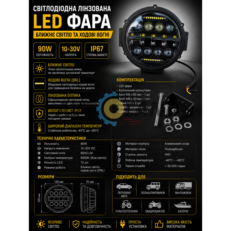 Светодиодная линзованая LED фара 90ВТ, ближний свет и ходовые огни купить недорого