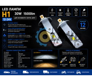 LED лампы H1 30W Q7 15000lm к-т 2шт (12-24 вольт) 