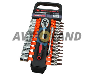 Набір торцевих головок+біти з рукояткою з храповим механізмом 28од.1/4″DR 72зуба Cr-V 			