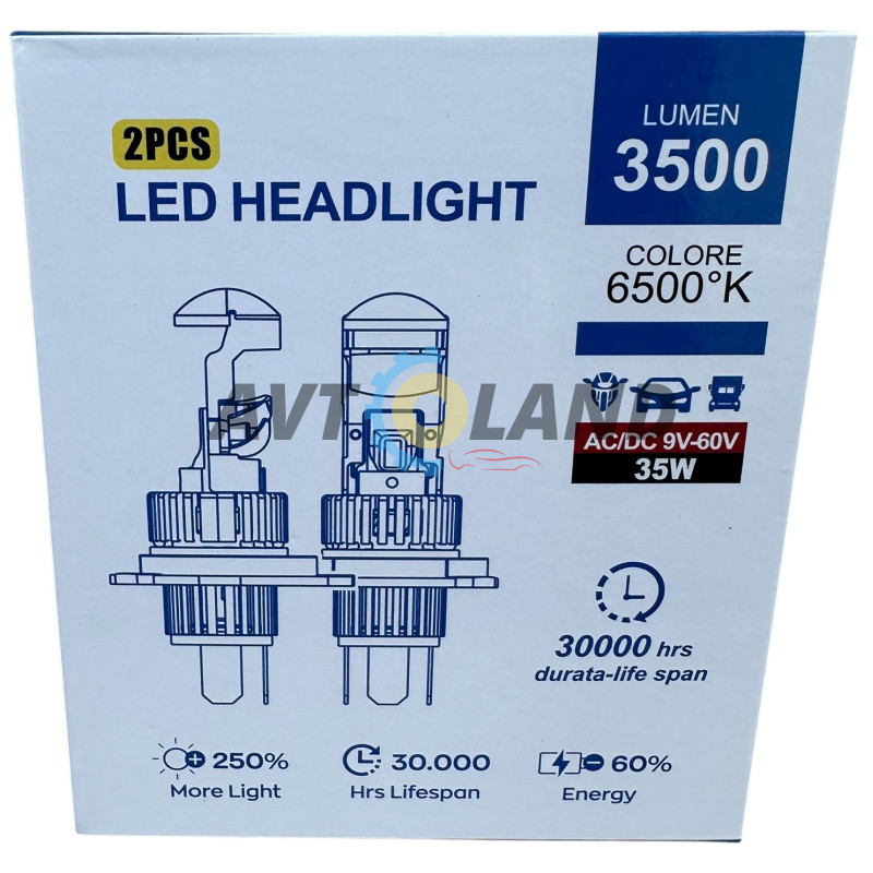 Светодиодные LED лед лампы линзы GT4 цоколь H4, мини би-линзы 6500К 12 вольт купить недорого
