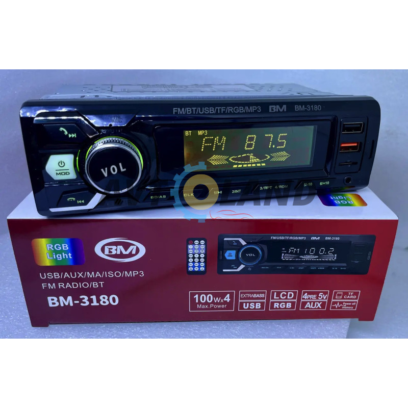 Автомагнітола BOSCHMANN BM-3180 Bluetooth, MP3, RGB-підсвічування, 2xUSB, SD, AUX (1DIN) купити дешево