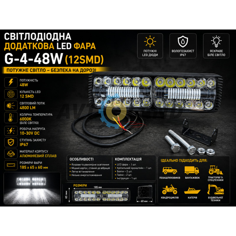 Світлодіодна додаткова LED фара G-4-48W-(12SMD) купити дешево