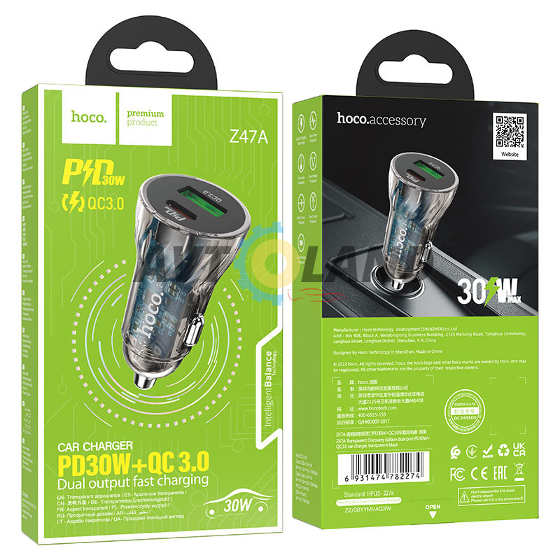 АЗУ Hoco Z47A Transparent Discovery Edition dual port PD30W+QC3.0 car charger Transparent Black купити дешево