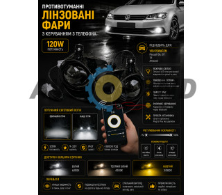 Протитуманні Лінзовані фари  Volkswagen Passat B6, B7, T6, Amarok управління з телефону 120W