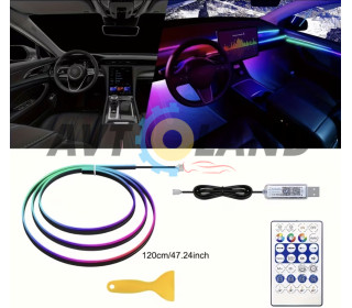 Підсвічування салону авто 110см, світлодіодна Bluetooth стрічка торпеди 12V багатобарвна з пультом від USB