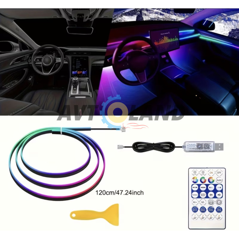 Підсвічування салону авто 110см, світлодіодна Bluetooth стрічка торпеди 12V багатобарвна з пультом від USB купити дешево