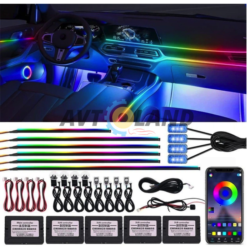 Подсветка салона авто Ambient light Rgb 18в1 набор диодных подсветок Bluetooth 12V купить недорого