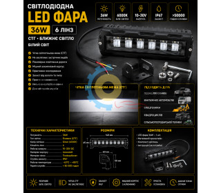 Светодиодная LED фара 36W 6 линз СТГ белый свет ближнийдальный