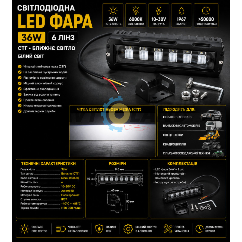 Светодиодная LED фара 36W 6 линз СТГ белый свет ближнийдальный купить недорого