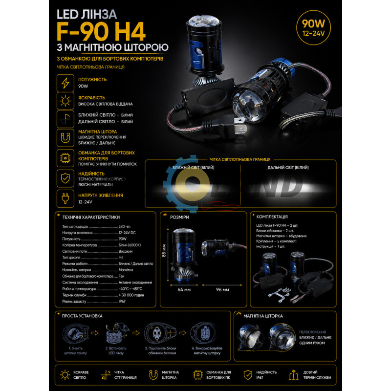 LED Лінза F-90 H4 з магнітною шторою, з обманкою для бортових комп′ютерів. Чітка світлотіньова межа.Ближнє сві купити дешево