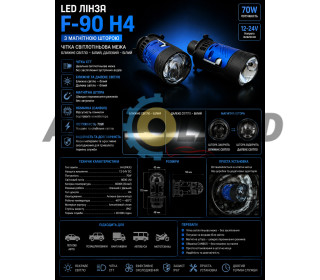 LED Линза F-90 H4 с Магнитной шторой.Чёткая светотеневая граница.Ближний свет-Белый,дальний-Белый 12-24V, 70W