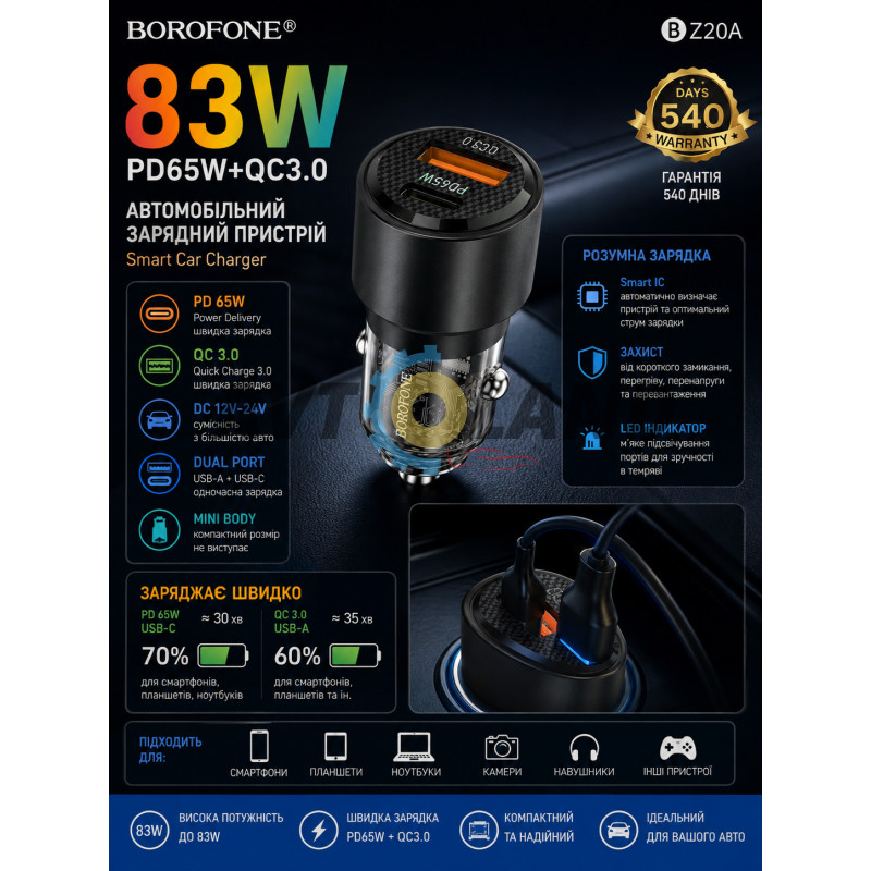 Автомобильное зарядное устройство BZ20A Smart 83W Dual Port PD65W + QC3.0 Car Charger купить в Украине